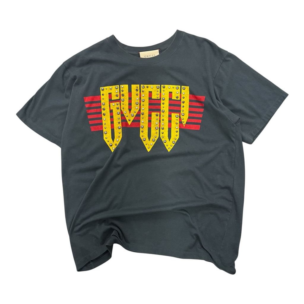 GUCCI ROCK STUDDED GRAY LOGO SHIRT.