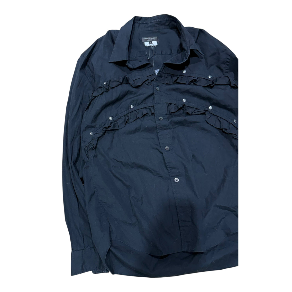 CDG BLACK BUTTON UP SHIRT.