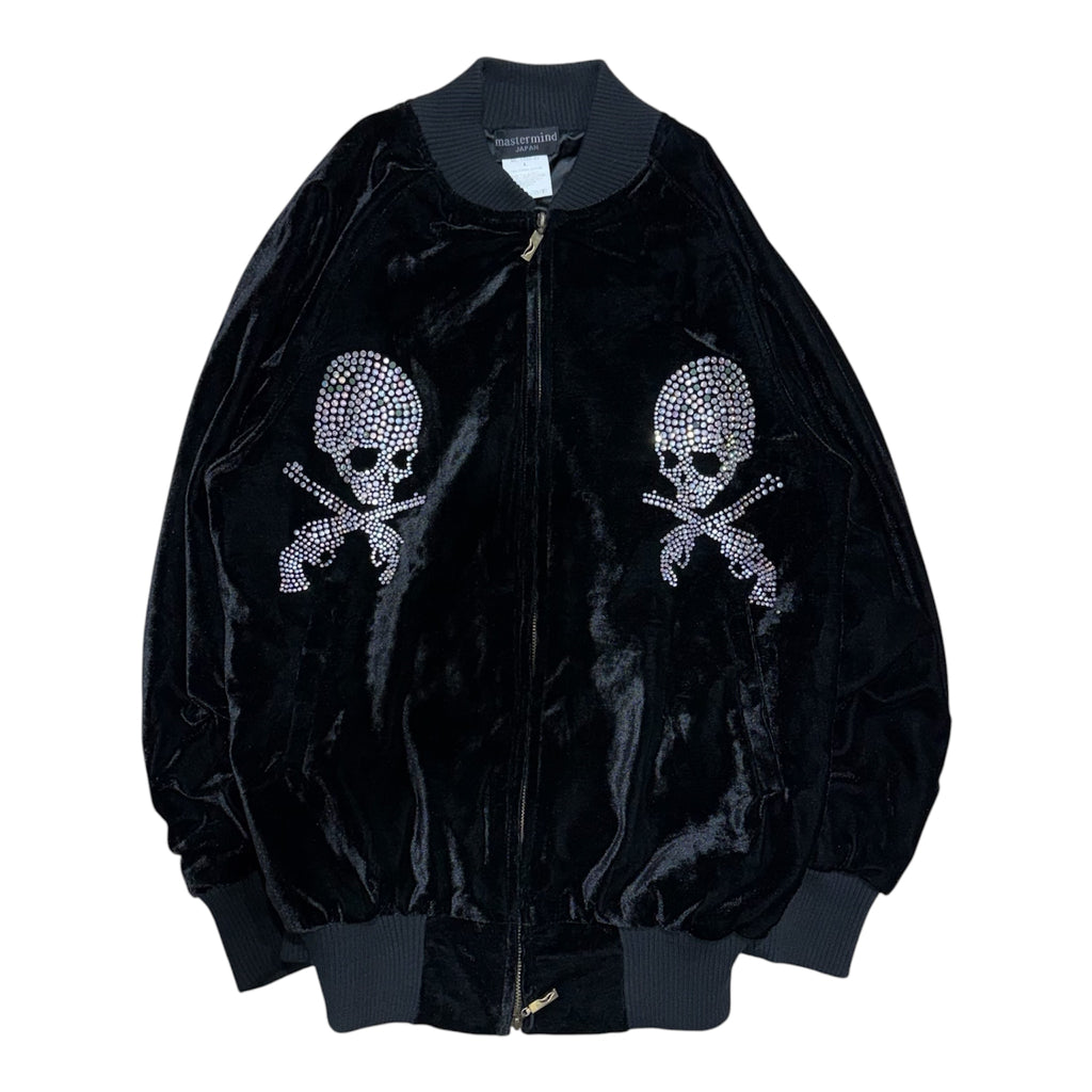 MASTERMIND X ROAR GUNS VELOUR RHINESTONE BOMBER JACKET.