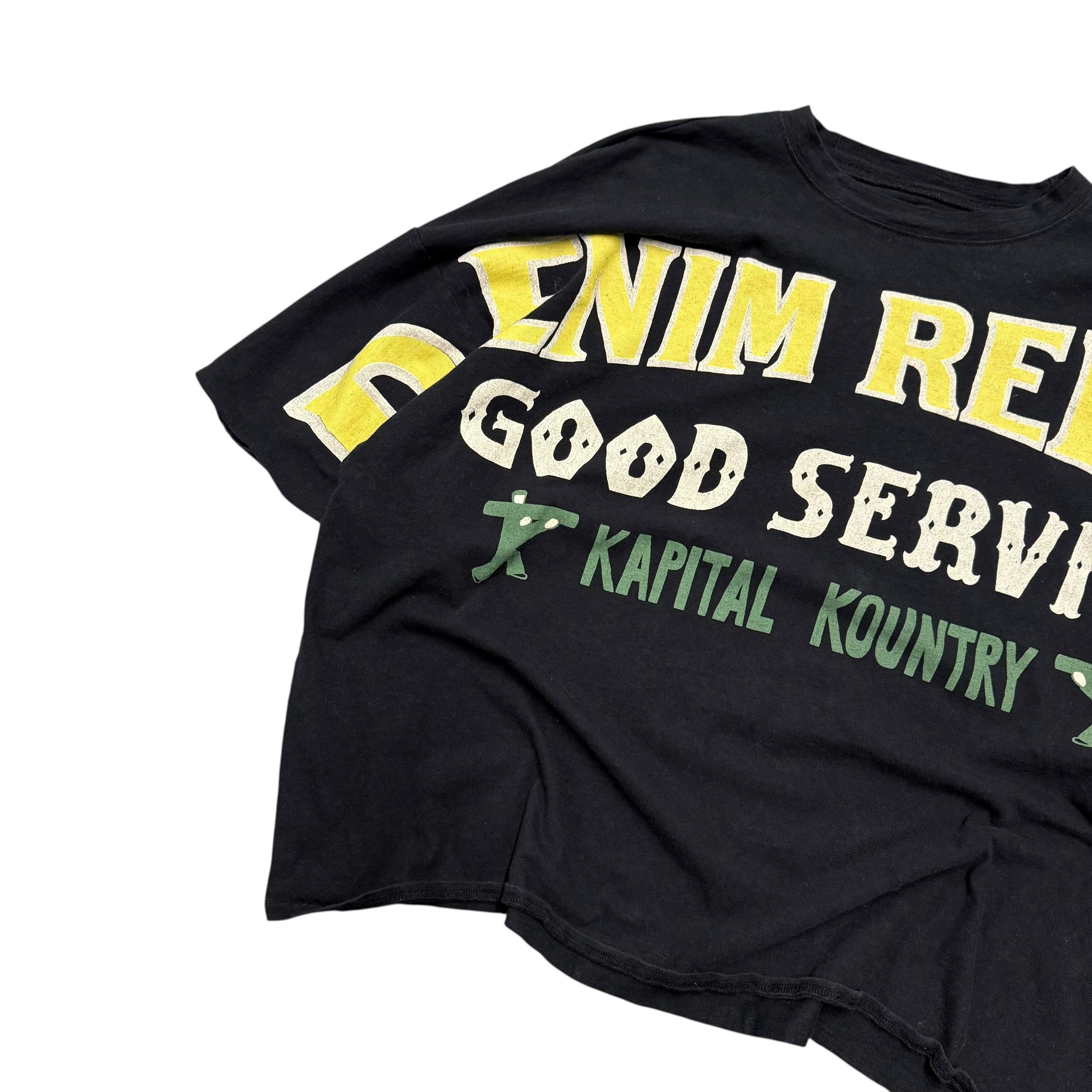 KAPITAL DENIM REPAIR BLACK CROPPED TEE.