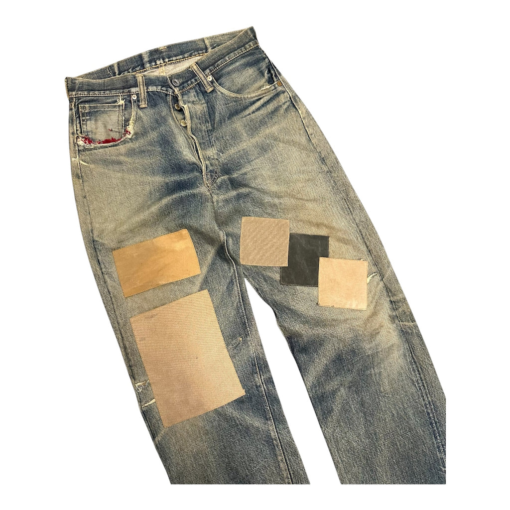 STORMY BLUE FADED DISTRESSED PATCHWORK DENIM.