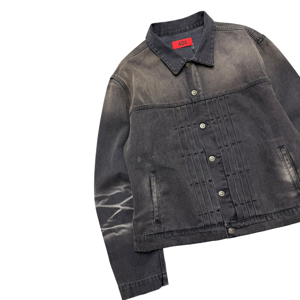 424 BLACK FADED DISTRESSED DENIM JACKET.