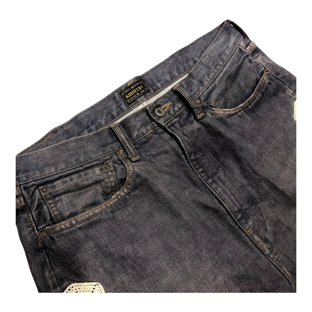 KAPITAL GRAY BONE DENIM SHORTS.