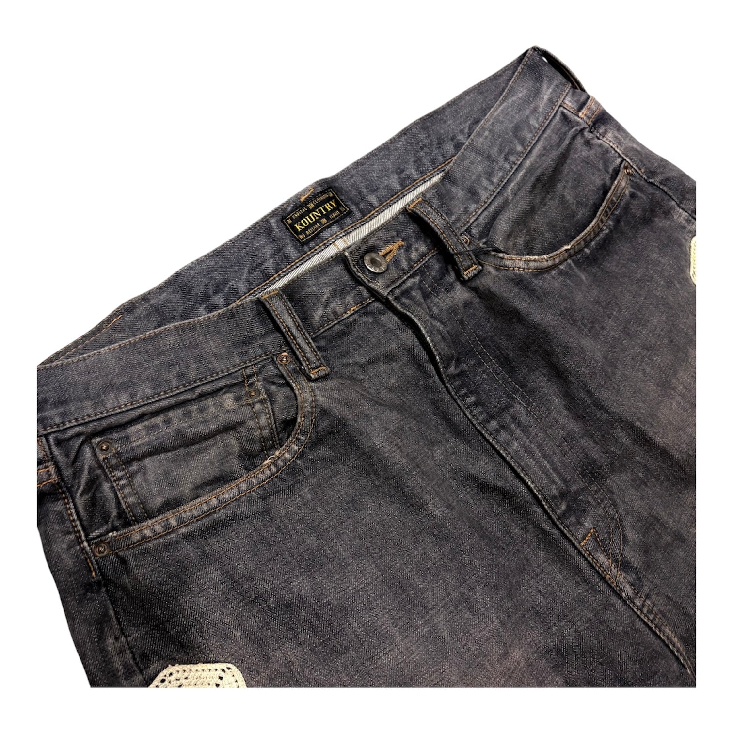 KAPITAL GRAY BONE DENIM SHORTS.