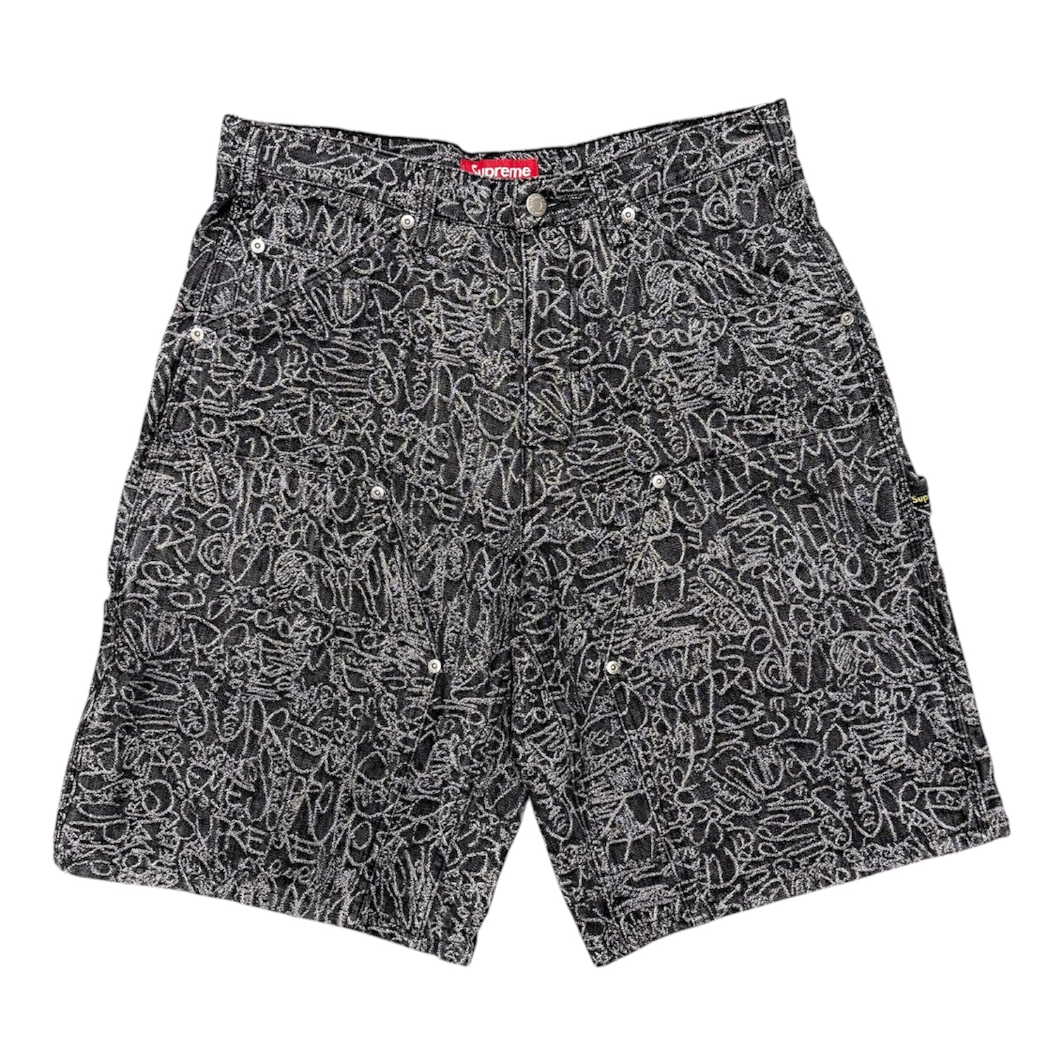 SUPREME HANDWRITING DOUBLE KNEE SHORTS.