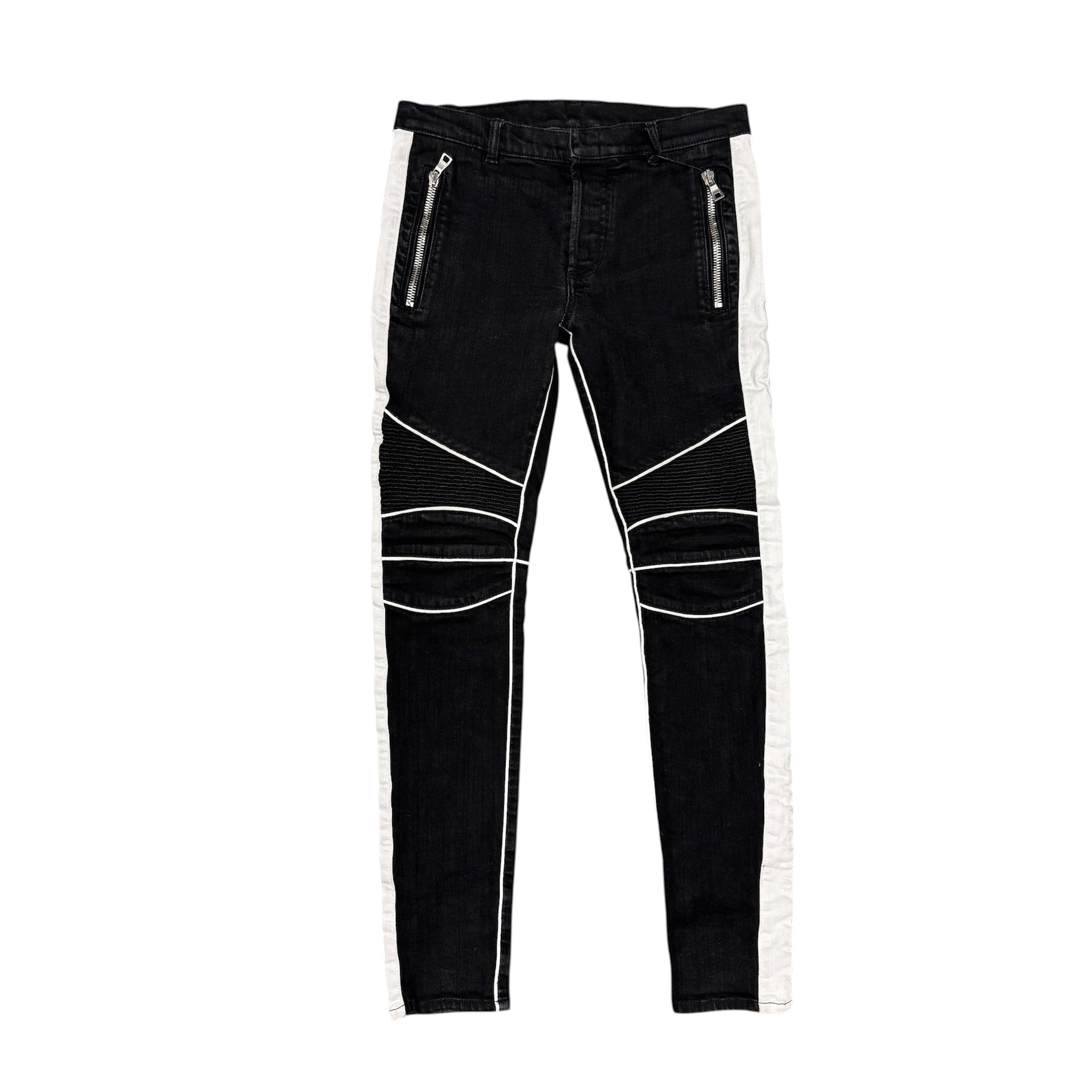 BALMAIN BLACK & WHITE SLIM BIKER JEANS.