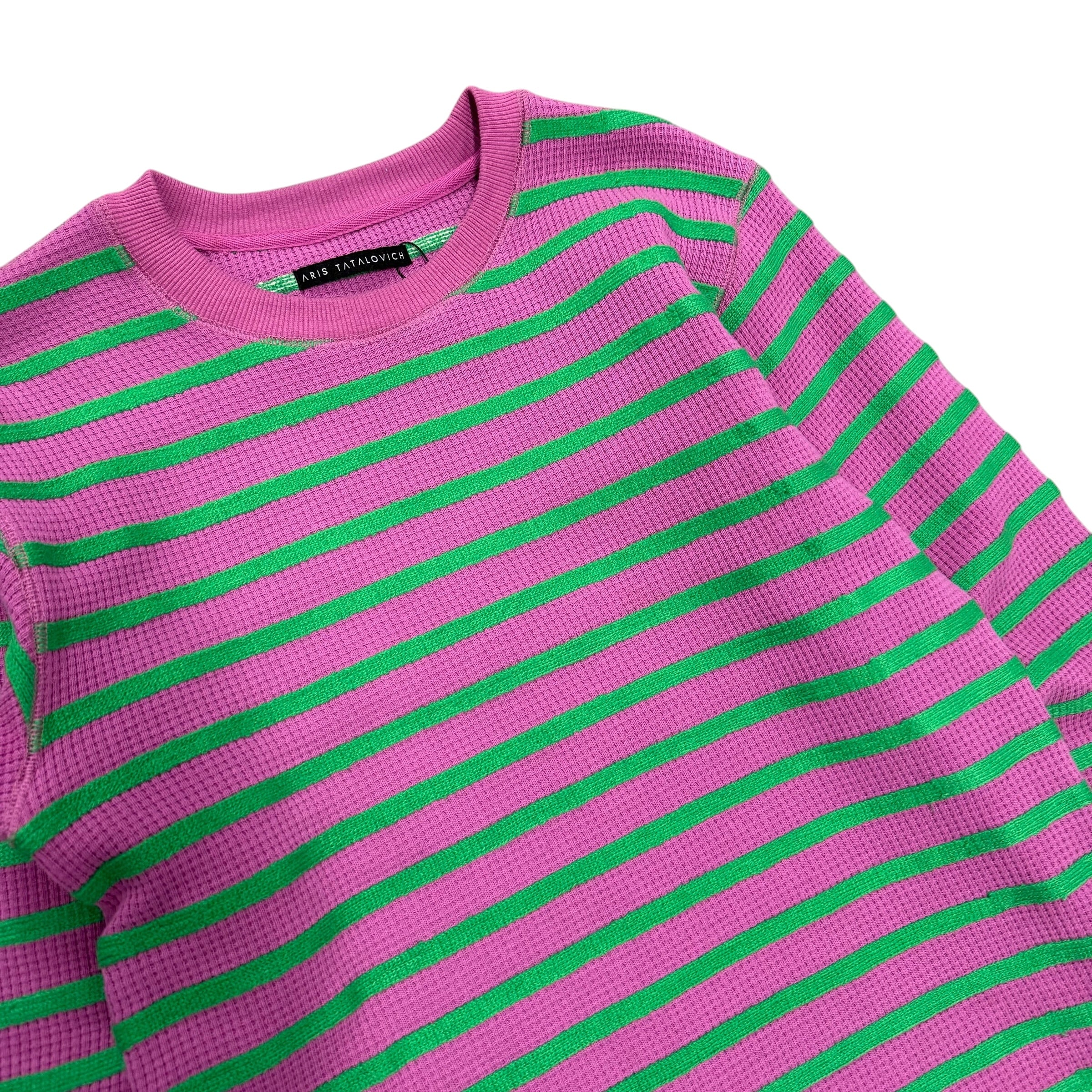ARIS TATALOVICH PURPLE AND GREEN LONGSLEEVE SWEATER.