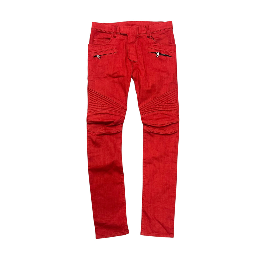 RED BALMAIN BIKER DENIM.