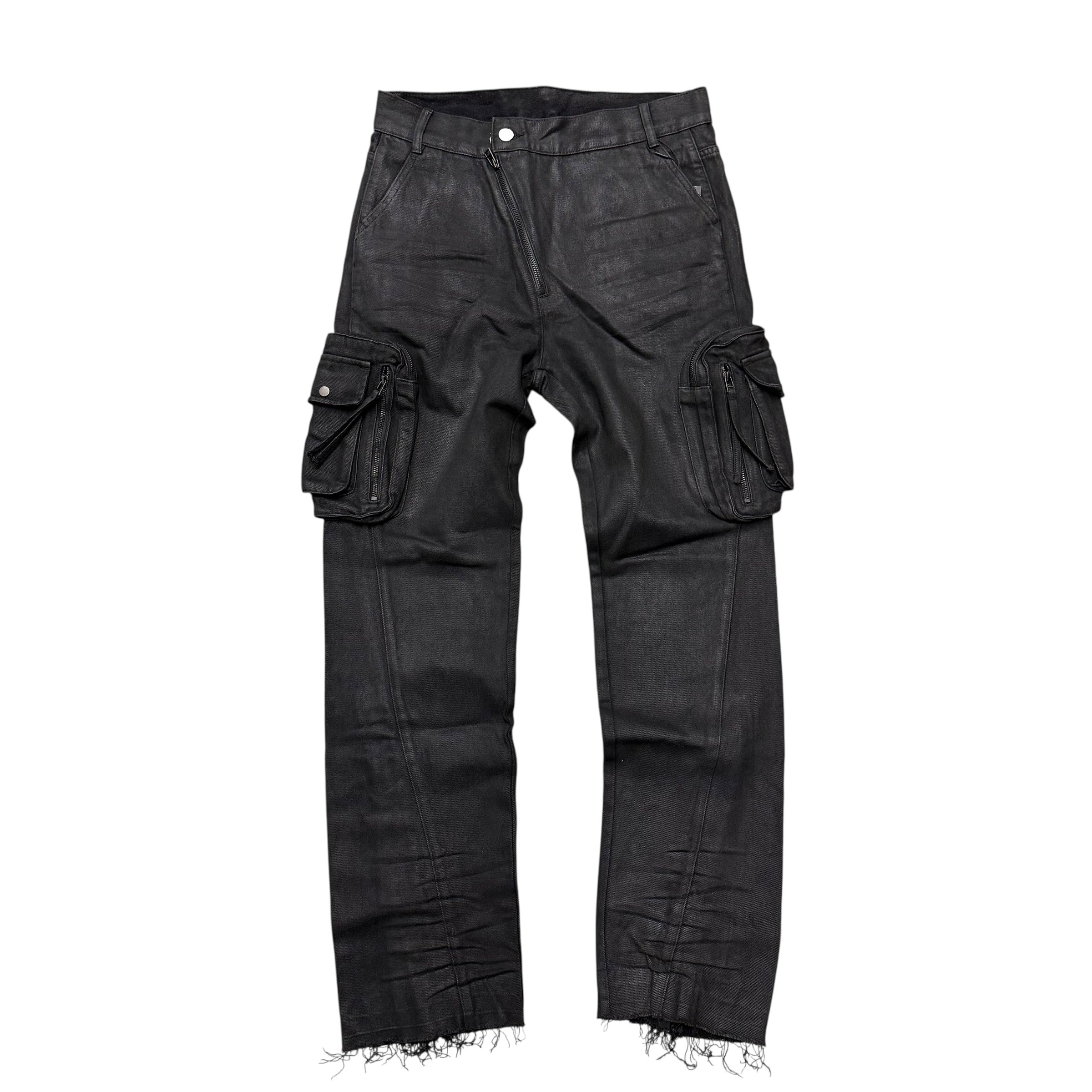 TROUBLED WATERS BLACK POCKET WAXED DENIM.