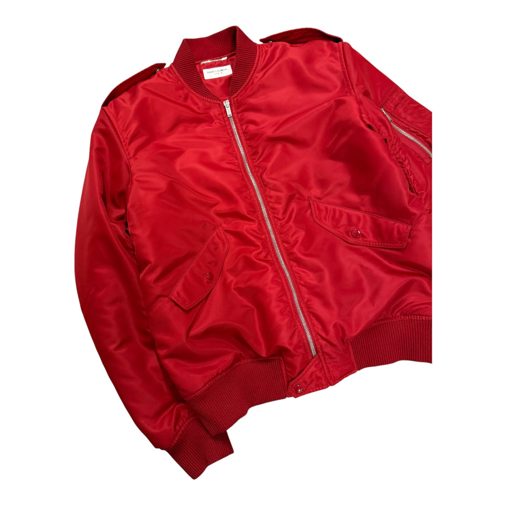 SAINT LAURENT RED SILK NYLON BOMBER JACKET.