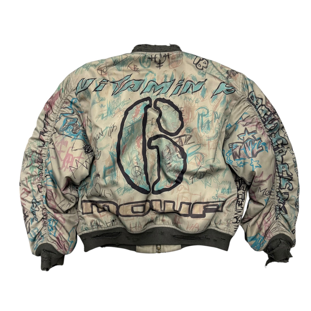 MOWALOLA GREEN GRAFFITI V1 BOMBER JACKET.
