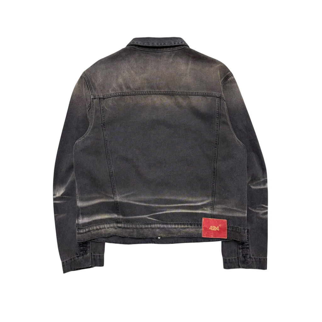 424 BLACK FADED DISTRESSED DENIM JACKET.