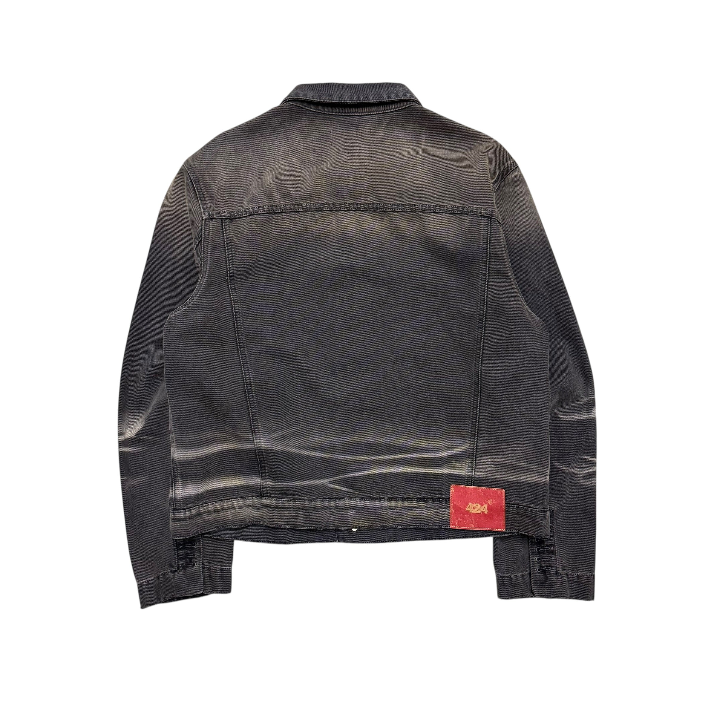 424 BLACK FADED DISTRESSED DENIM JACKET.