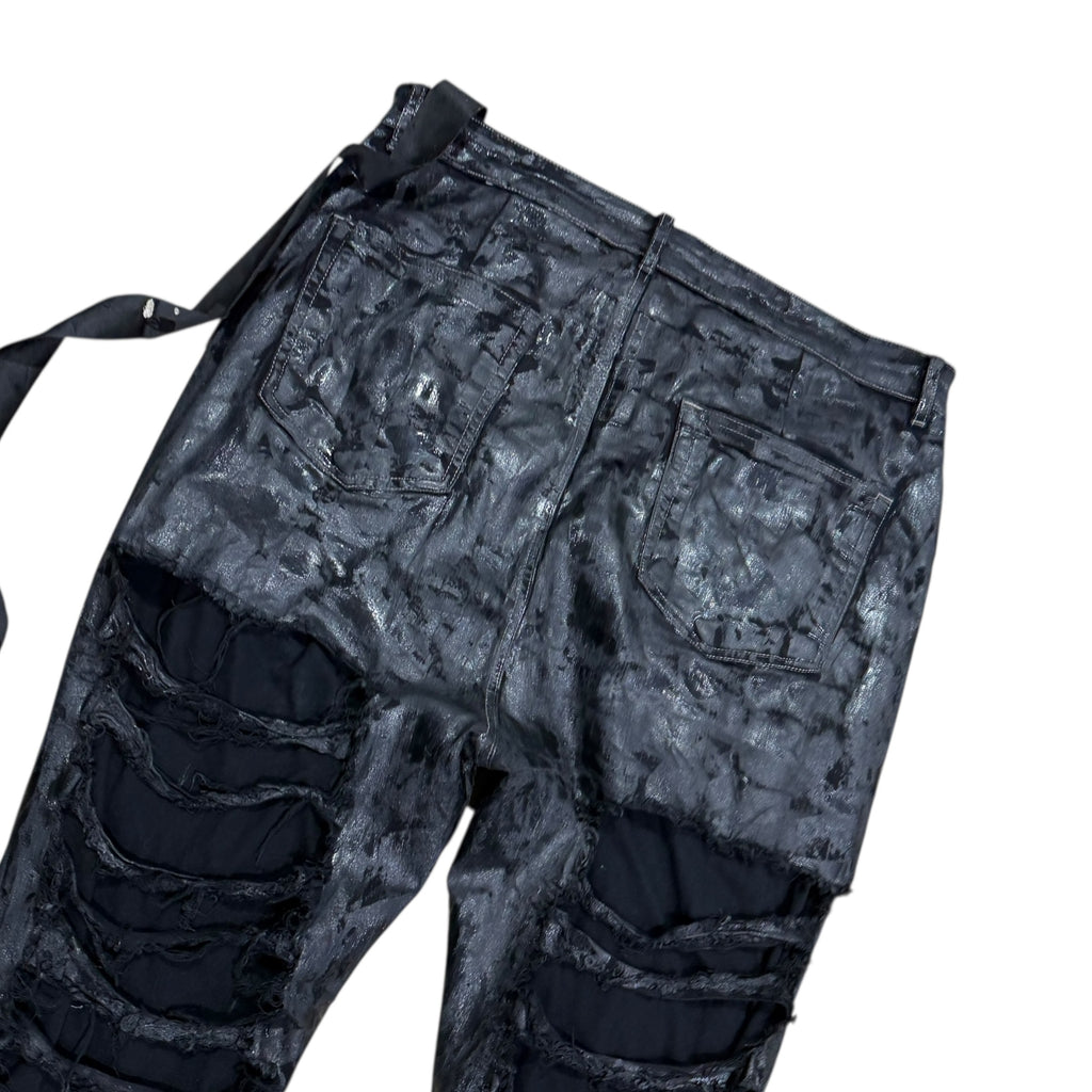RICK OWENS DETROIT CUT DESTROYED JEANS.