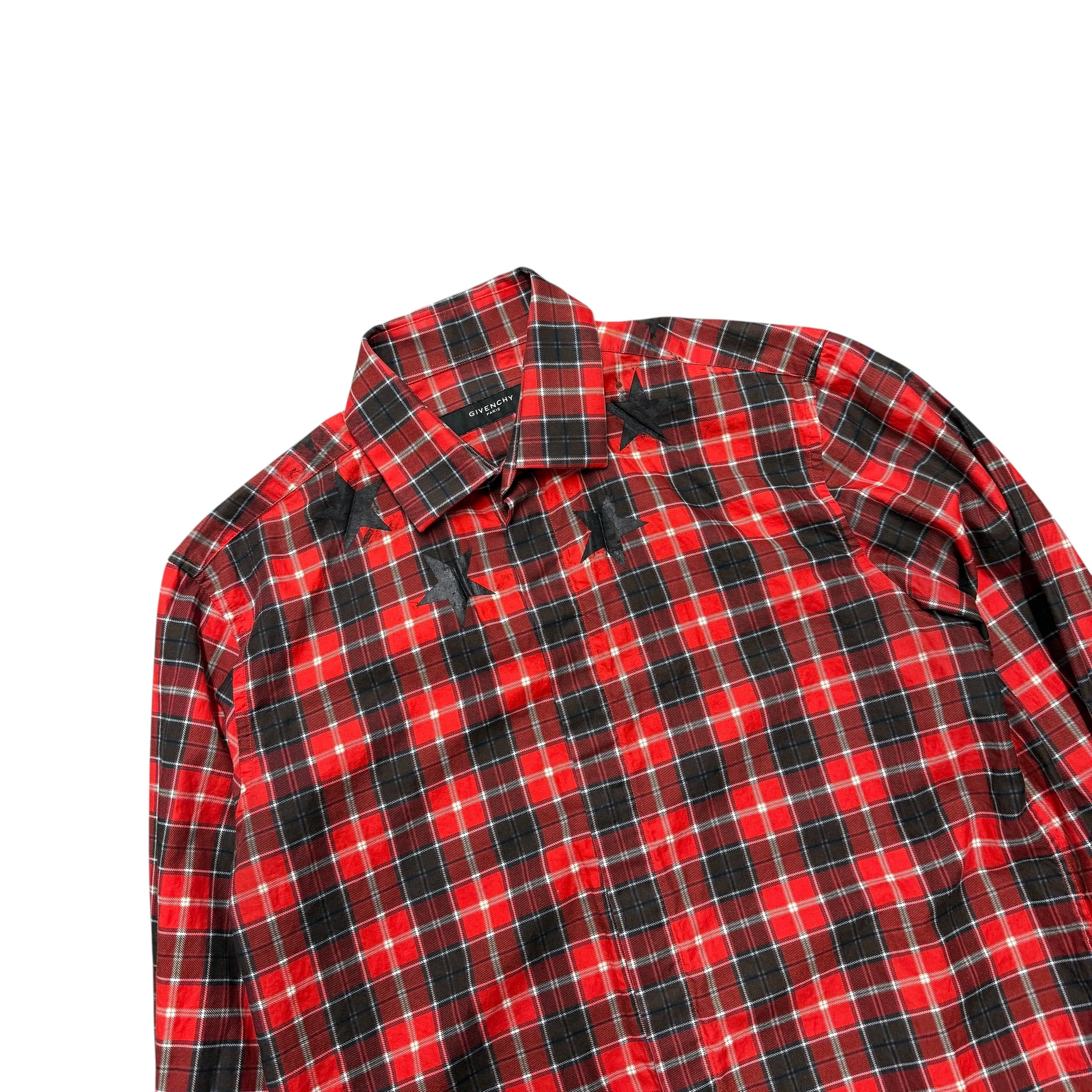 GIVENCHY STAR RED PLAID BUTTON UP.