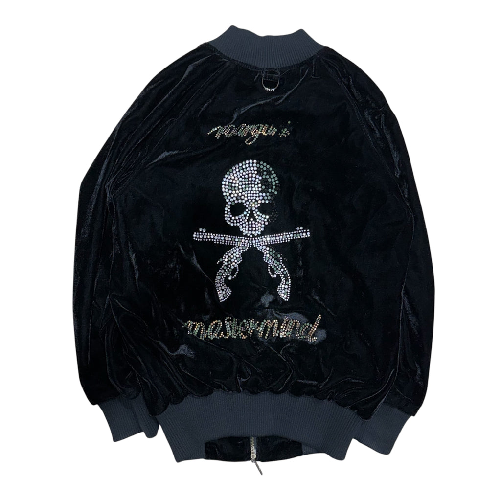 MASTERMIND X ROAR GUNS VELOUR RHINESTONE BOMBER JACKET.