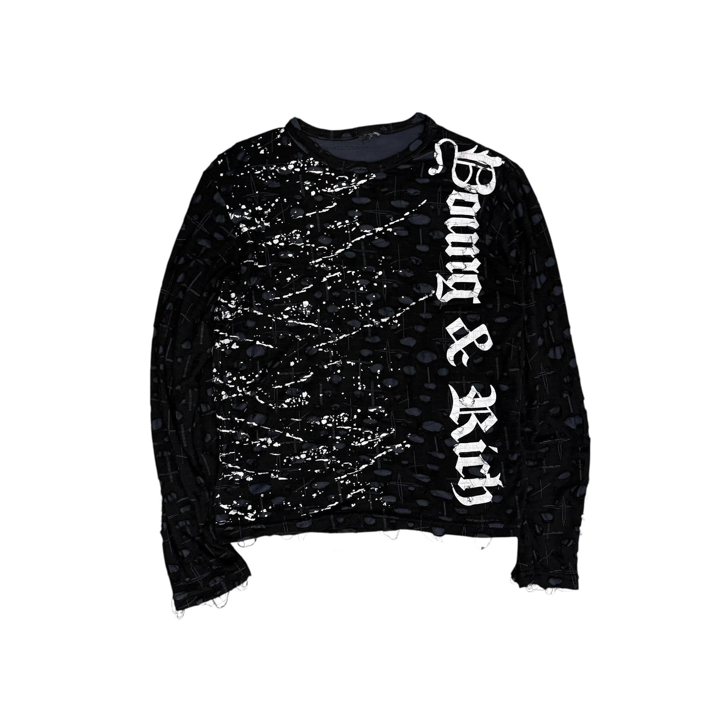 DISTRESSED PAINT SPLATTER JAPANESE BLACK LONGSLEEVE SHIRT.