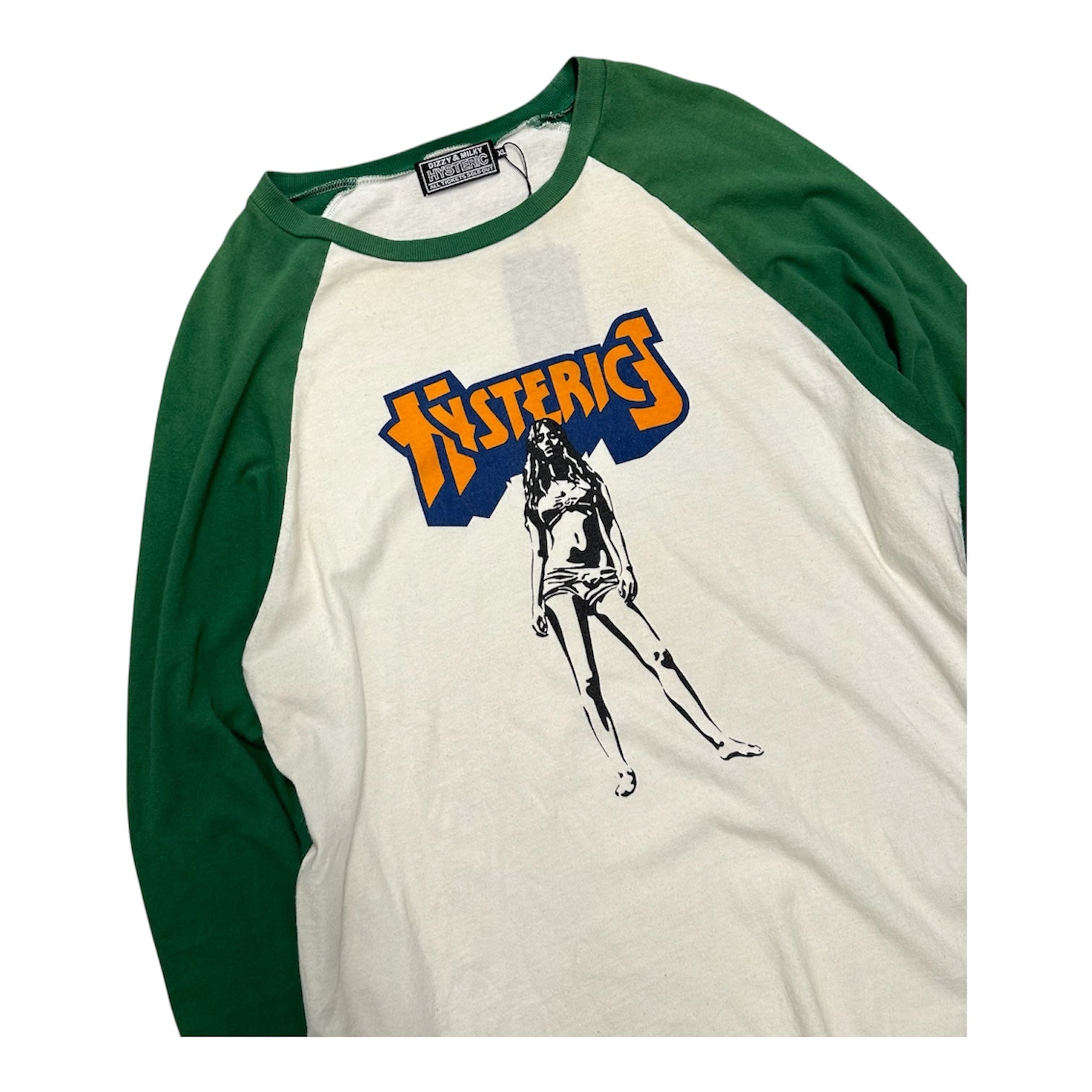 HYSTERIC GLAMOUR GREEN AND WHITE BASEBALL CUT TEE.