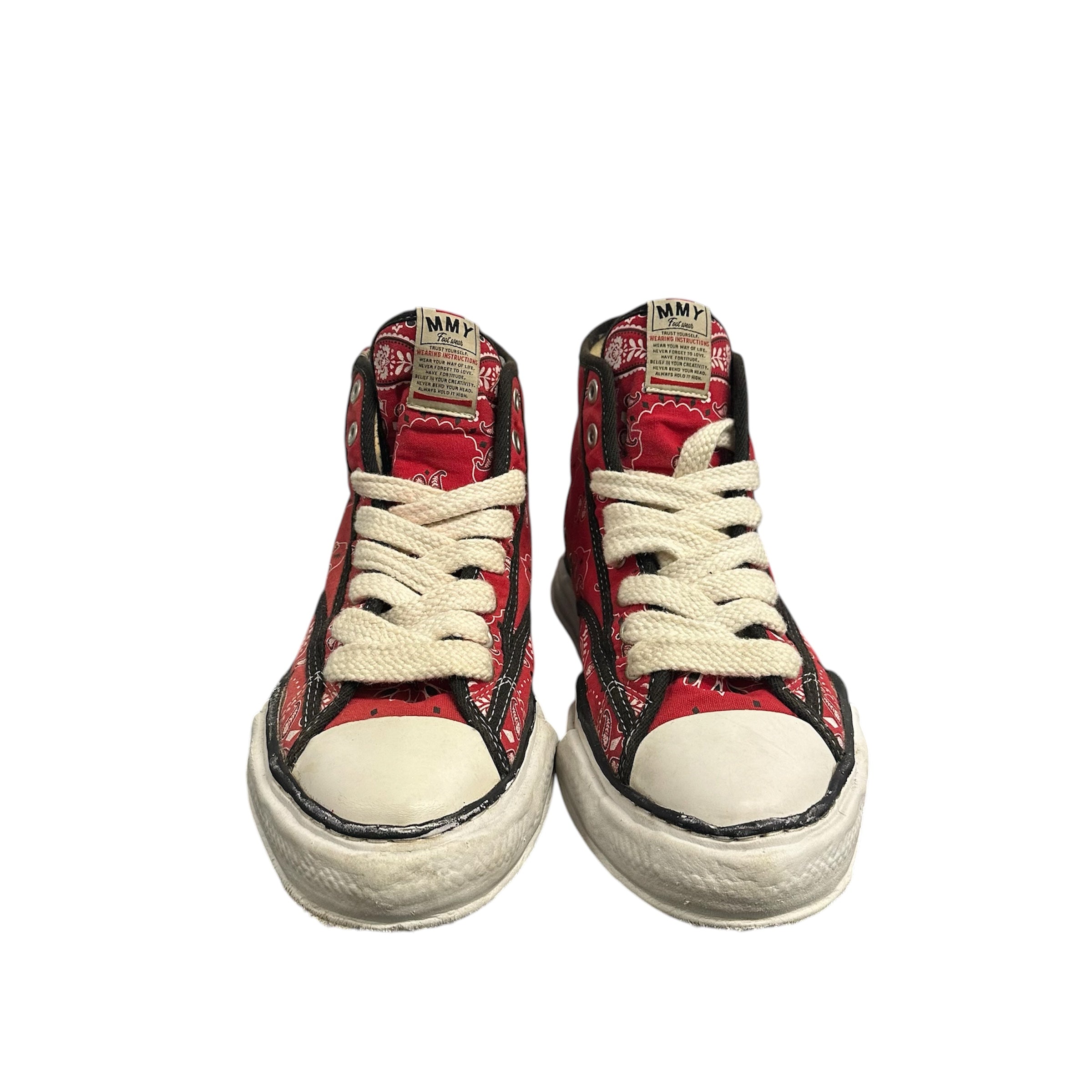 MAISON MIHARA RED PAISLEY HIGH TOP SNEAKERS.