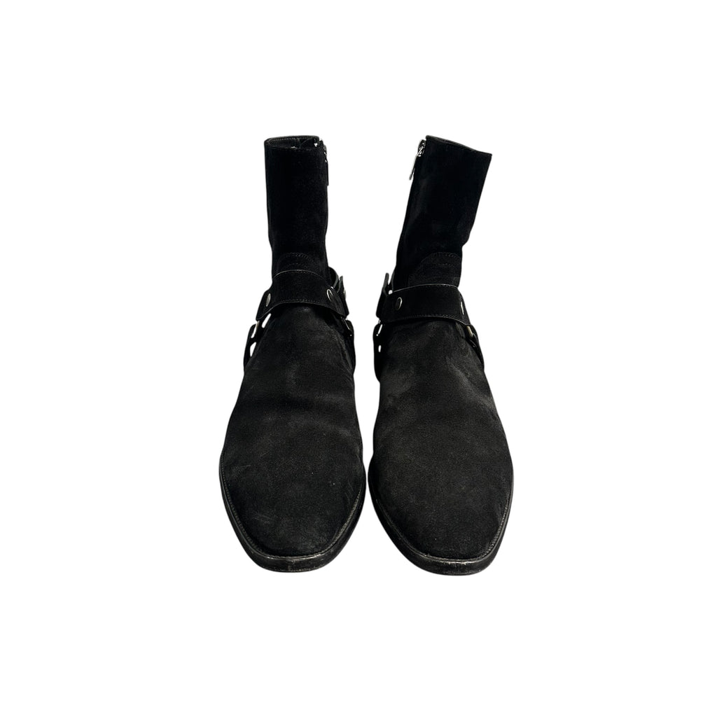 SAINT LAURENT WYATT HARNESS BLACK SUEDE BOOTS.