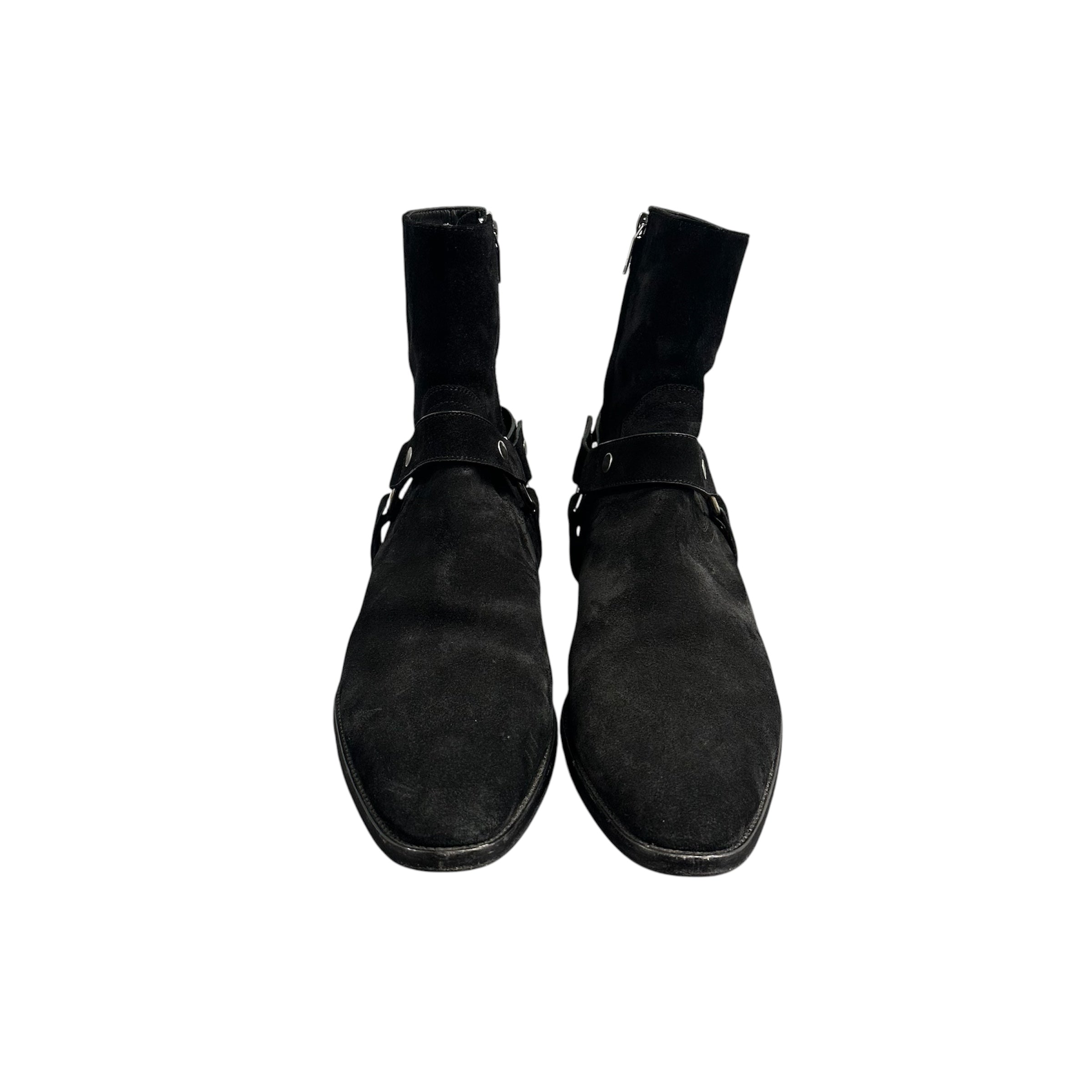 SAINT LAURENT WYATT HARNESS BLACK SUEDE BOOTS.
