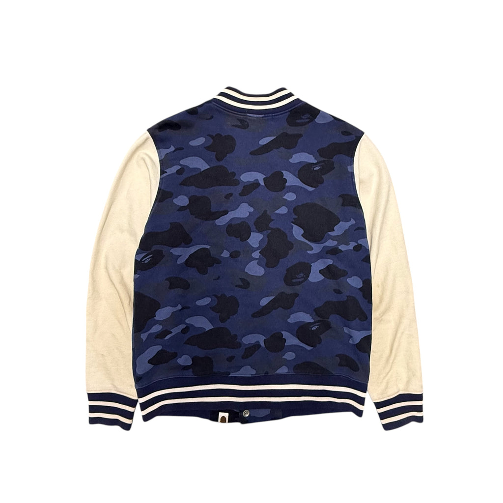 BAPE BLUE CAMO VARSITY JACKET.