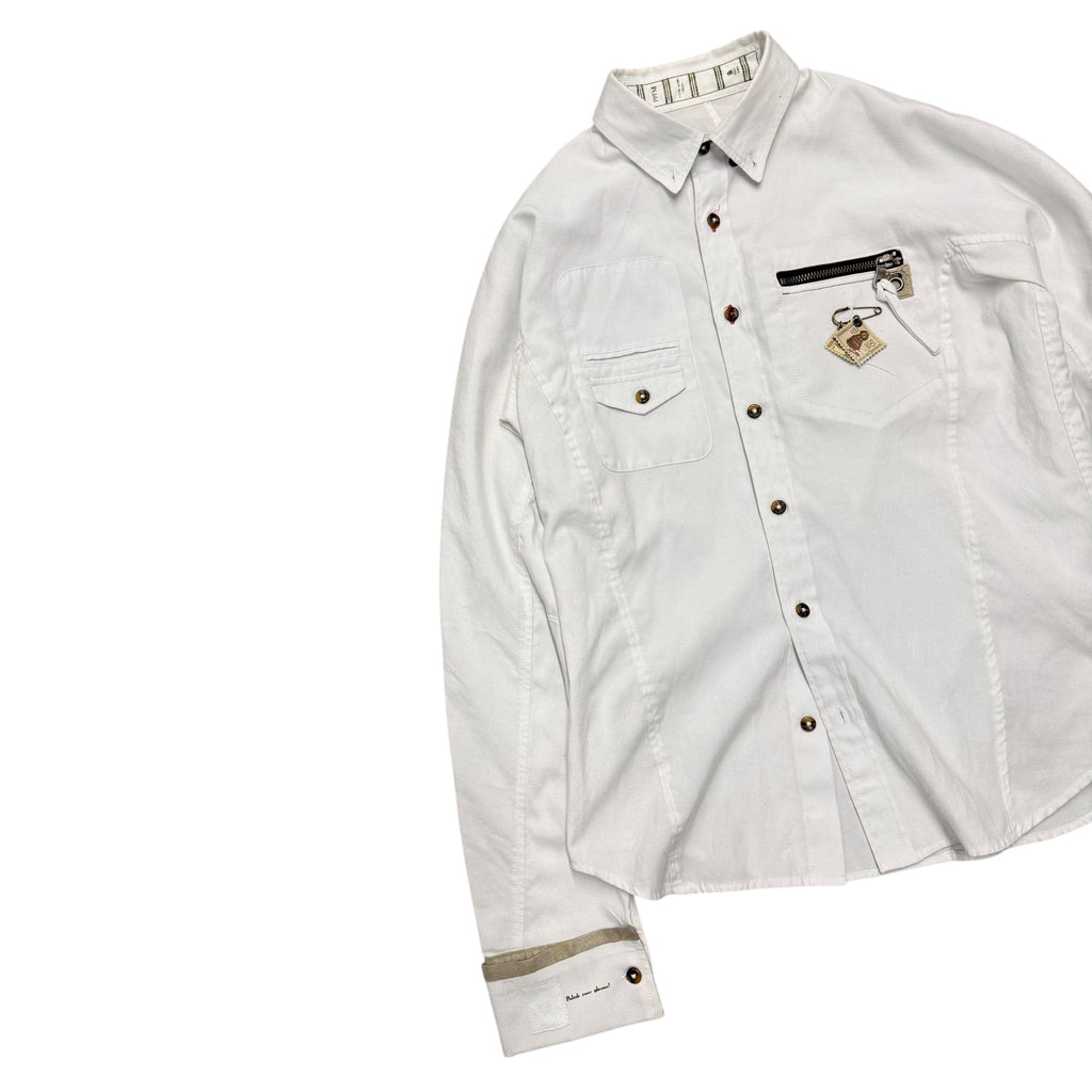 PPFM WHITE BUTTON UP STAMP SHIRT.