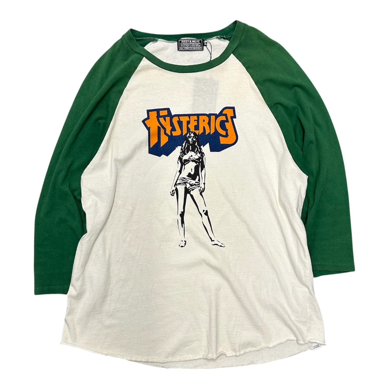 HYSTERIC GLAMOUR GREEN AND WHITE BASEBALL CUT TEE.