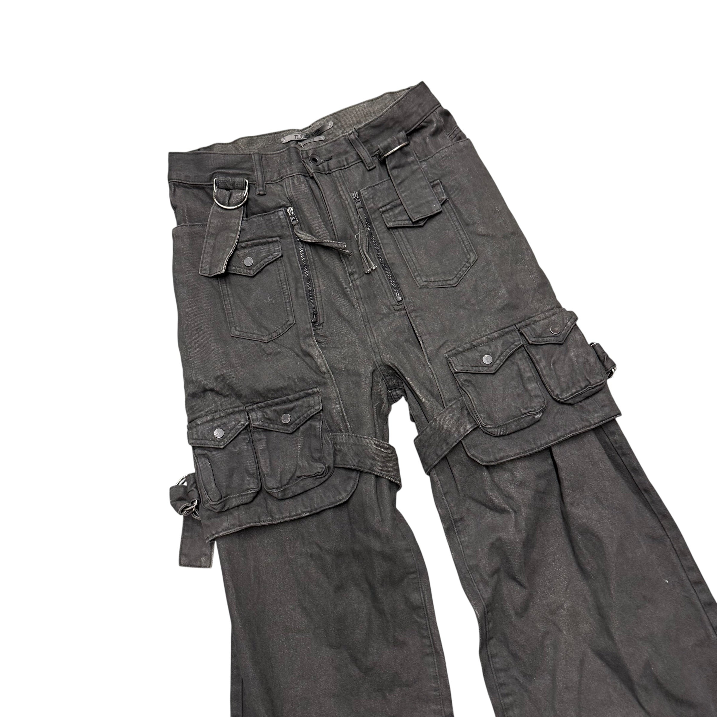 TROUBLED WATERS BONDAGE BLACK MULTI POCKET CARGO WAXED PANTS.