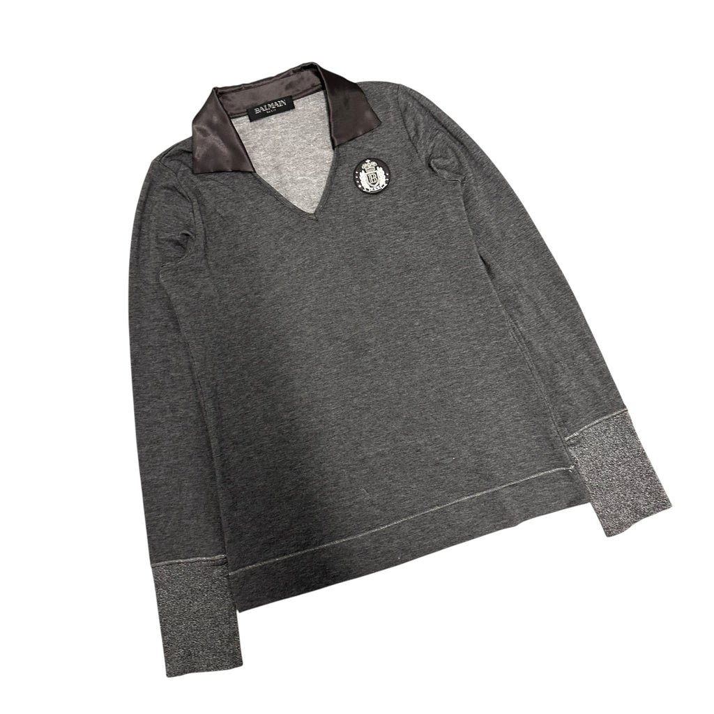 BALMAIN PATCH SATIN COLLAR POLO LONGSLEEVE.