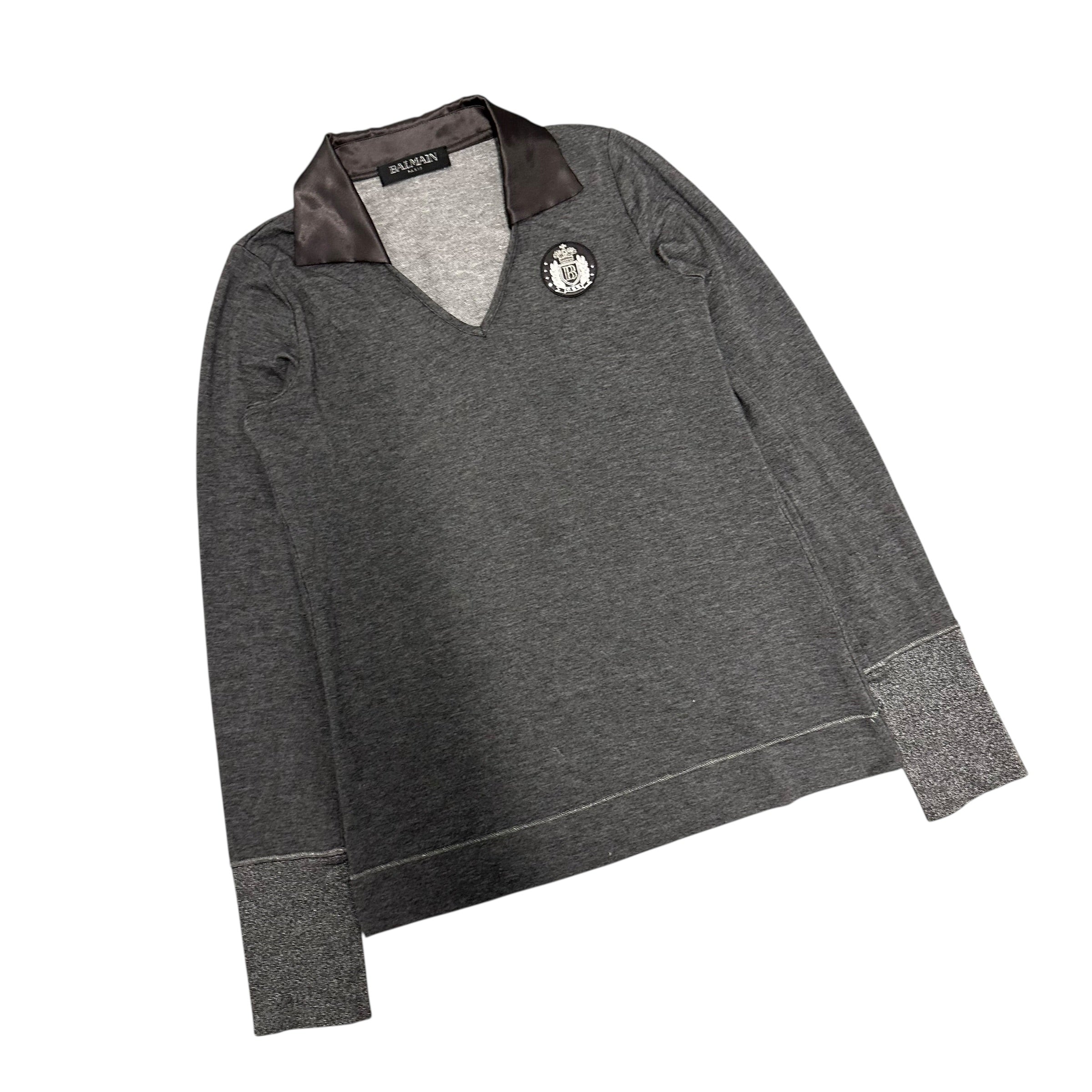 BALMAIN PATCH SATIN COLLAR POLO LONGSLEEVE.