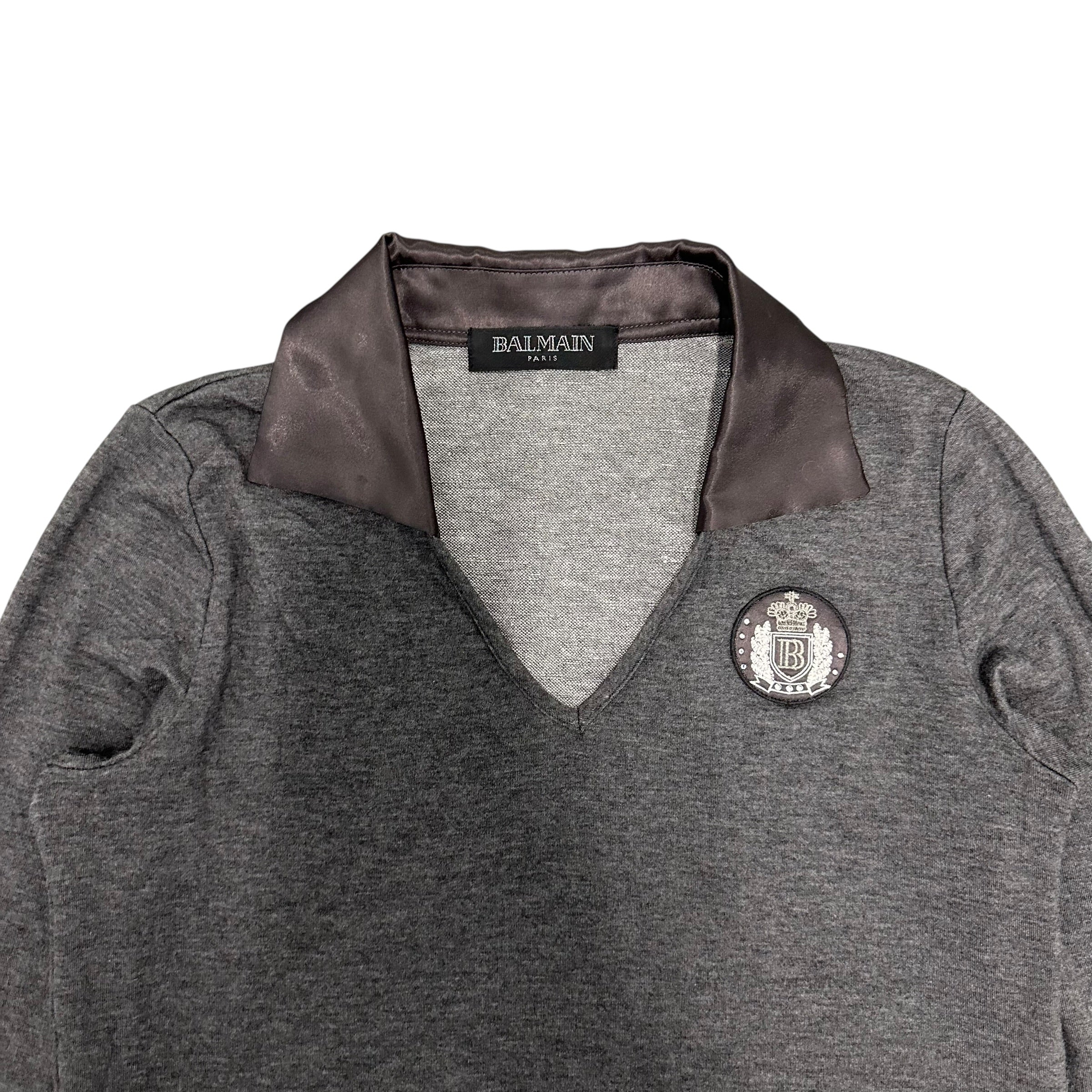 BALMAIN PATCH SATIN COLLAR POLO LONGSLEEVE.